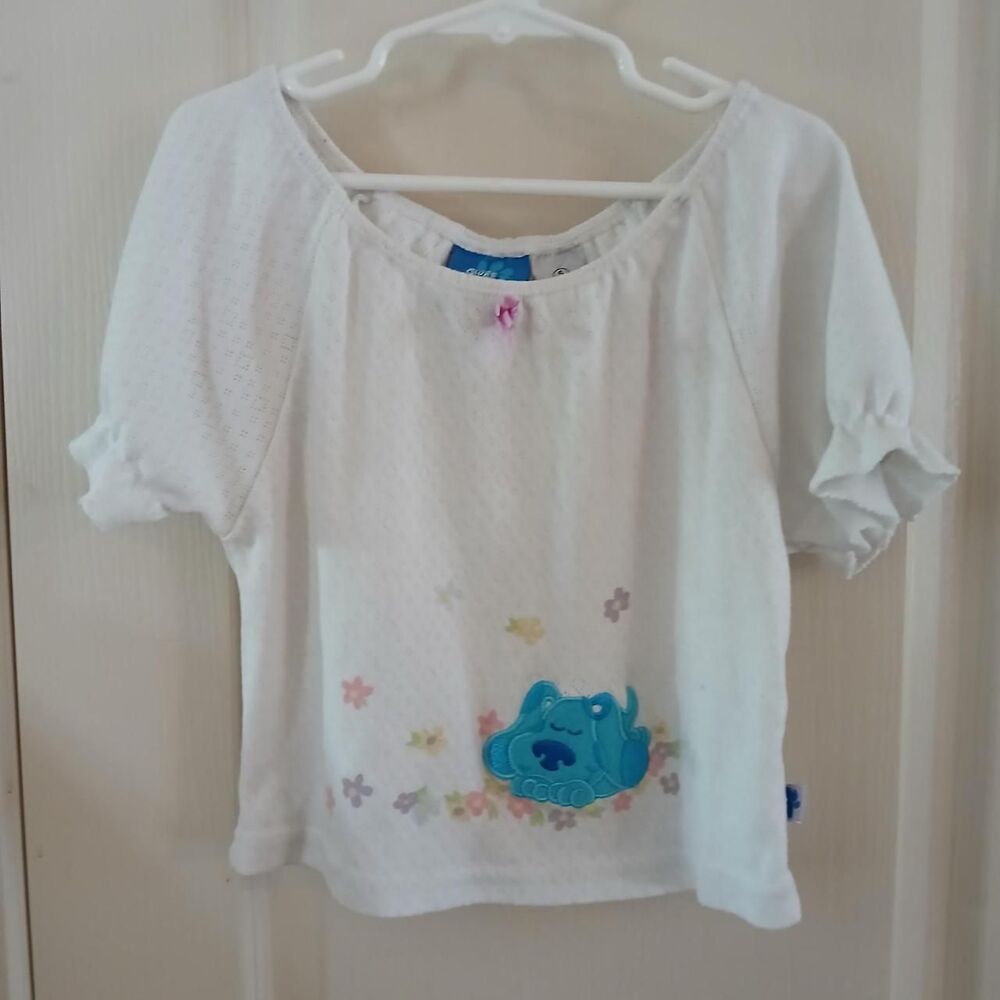 Y2K Vintage Blue's Clues White Pointelle Graphic Tee Blue Dog Graphic Flowers 5